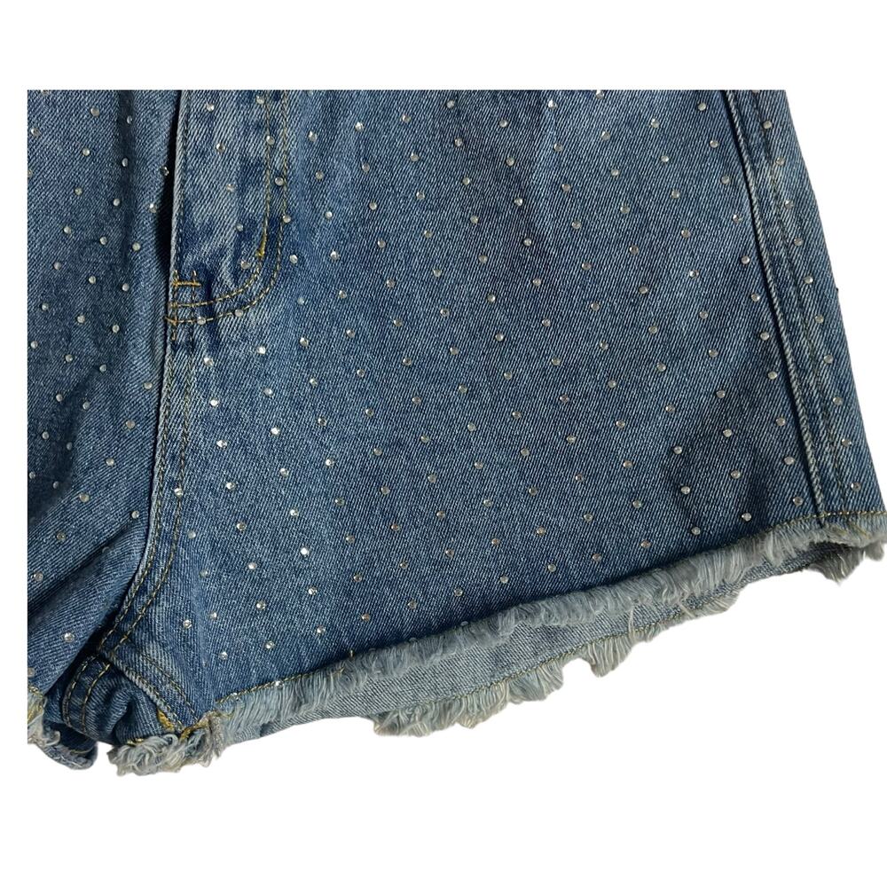 Superdown Kierra Rhinestone High Waist Raw Hem Denim Blue Jean Shorts Size M - Picture 8 of 10
